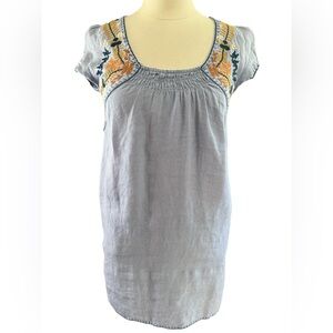 Zara Light Blue Flax Pullover Mini Dress with Colorful Embroidery Size XS